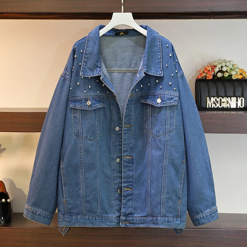 Plus Size XXL-6XL Denim Jacket Women Oversize Loose Jean Coat Spring Autumn Diamond Vintage Outerwear Female Large Size Overcoat