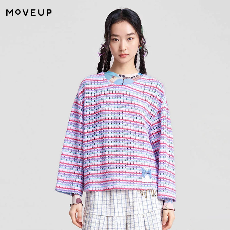 

MOVEUP Colorful Striped T-Shirt 2026 Spring New Crew Neck Cat Woven Label Women's Tees Commuter Knit Tops For Women 3ELC10575