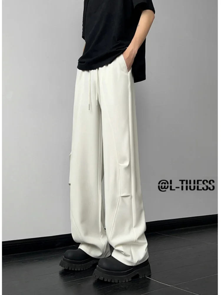 

Мужские летние тонкие брюки из ледяного шелка с широкими штанинами, свободные, струящиеся, прямого кроя, повседневные, с эффектом складок, ощущение прохлады