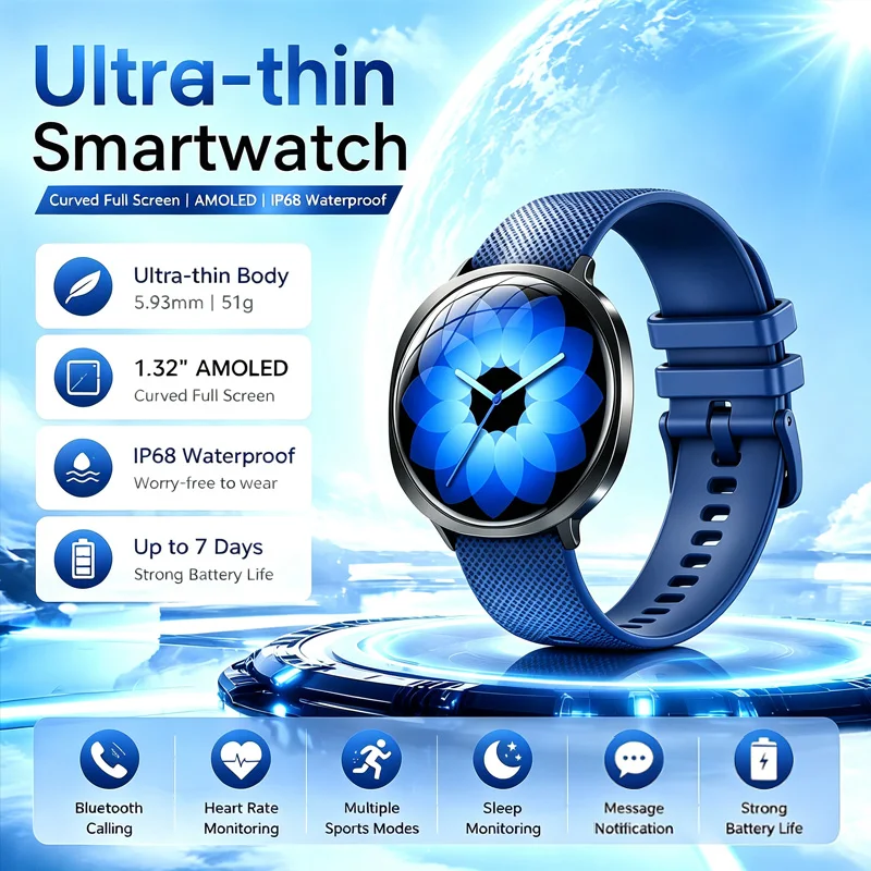 Nouvelle montre connectée M301, écran AMOLED incurvé rond, appel, alarme, lampe de poche, suivi de la santé, montre connectée de fitness pour femmes