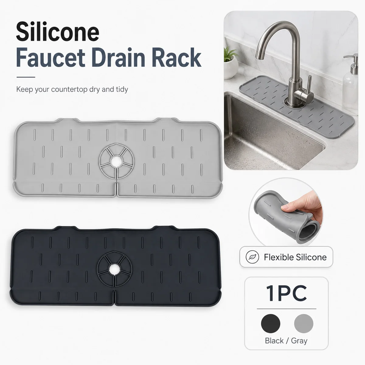 1PC Silicone Faucet Drain Rack Sink Splash Guard Tray Foldable Water Catcher Mat Kitchen Sink Organizer Countertop Accessory