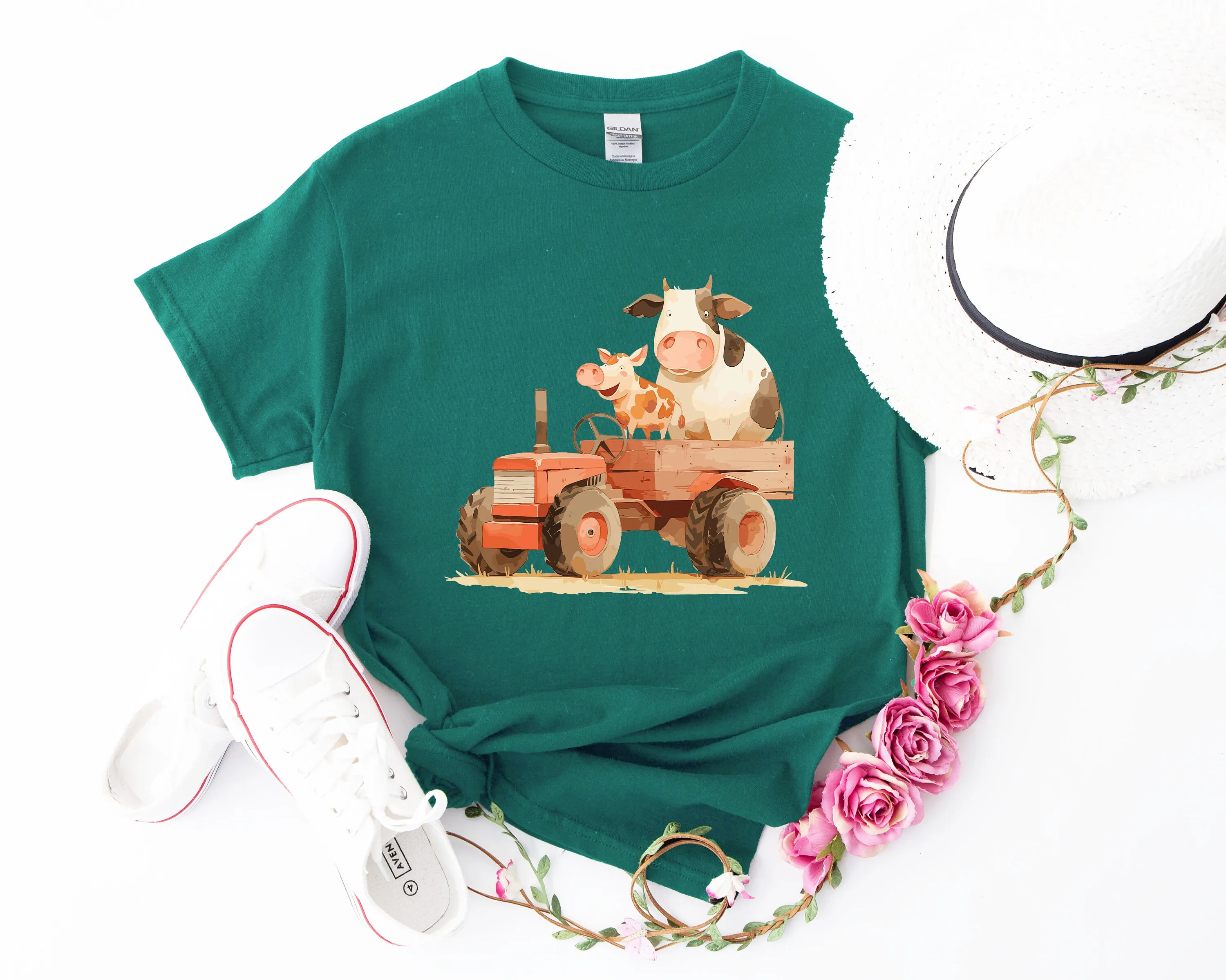 Farm Animals T Shirt Funny Farmer In Tractor Cow Chicken Birthday S