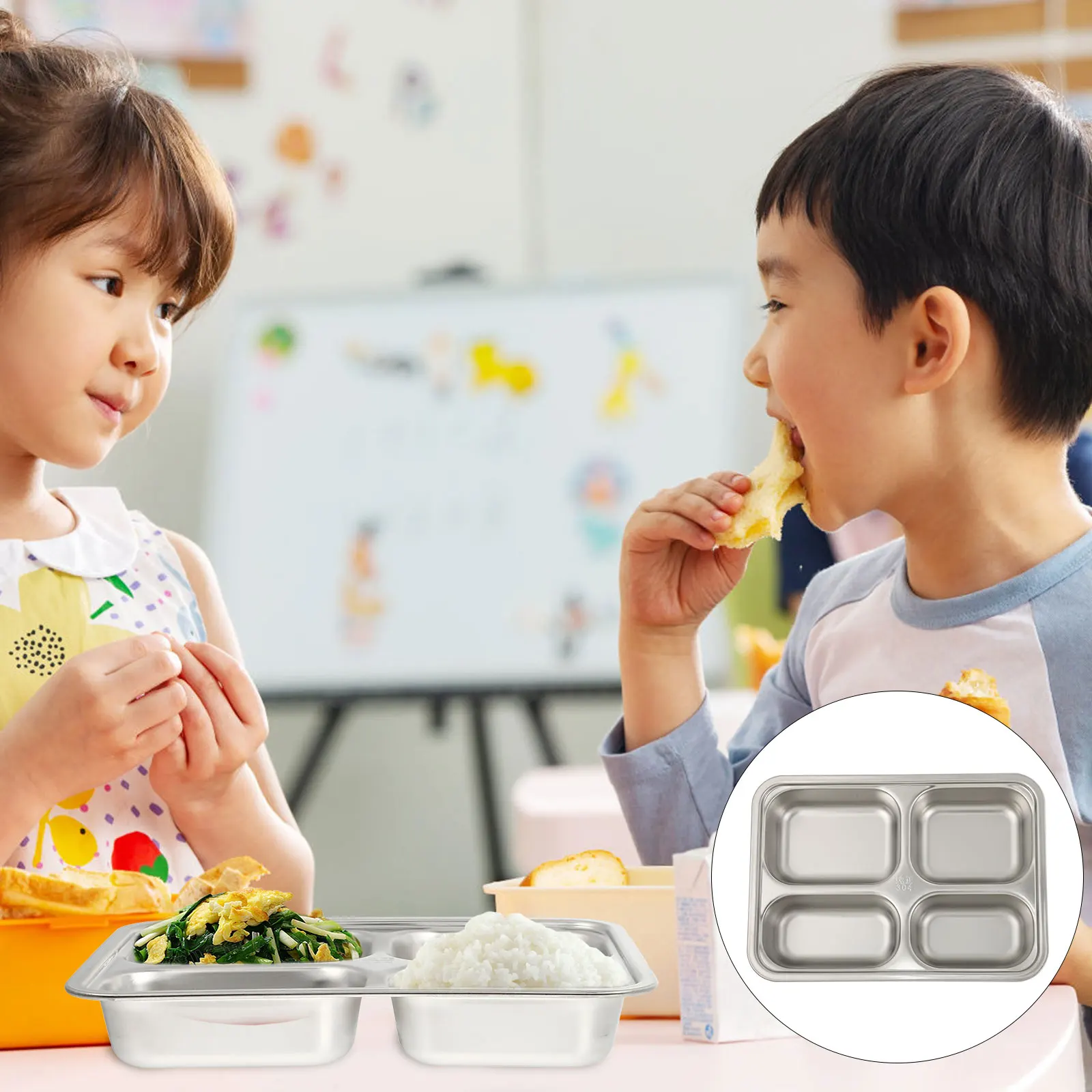 

Прямоугольная пищевая тарелка из нержавеющей стали, 4 отделения, штабелируемый поднос-разделитель для обеда для школы, кафетерии, бытовой, столовой, кухни