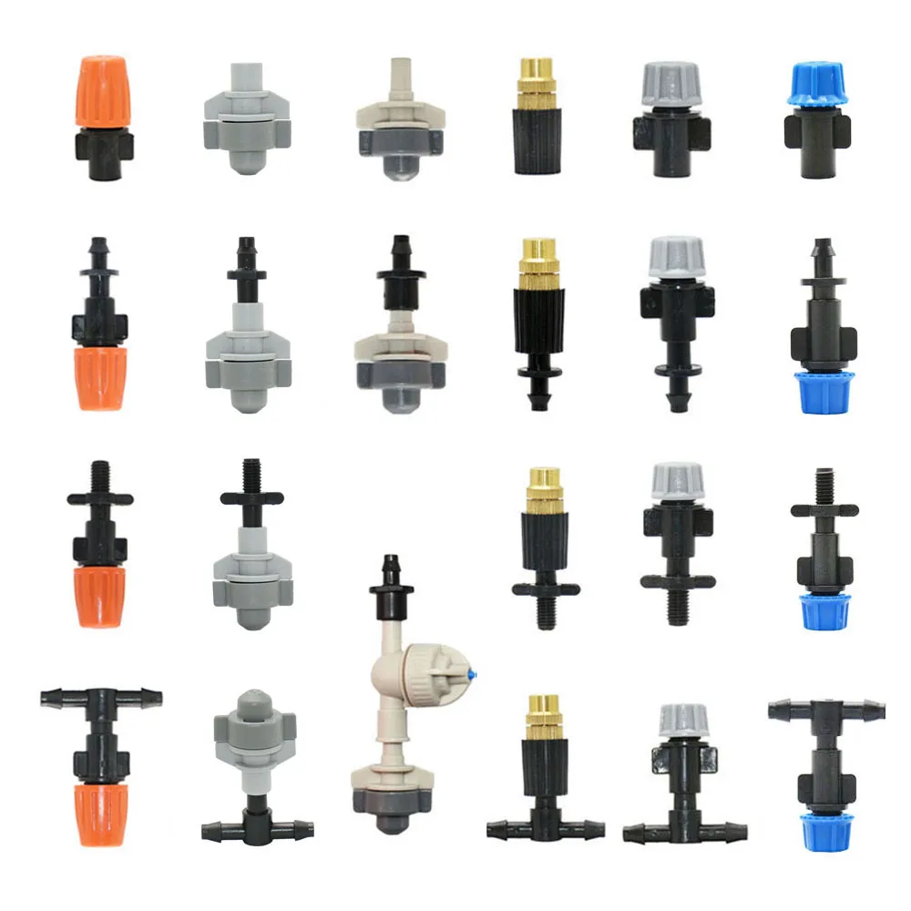 

100pcs Mist Nozzle Dripper Watering Atomizing Sprinkler Garden Irrigation System Sprinkler With 1/4" Tee Barb Thread Connector