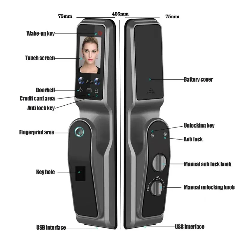 004 Tuya Wifi Fingerprint Recognition Smart Door Lock Cat Eye Automatic Face door lock with Camera Capture Function