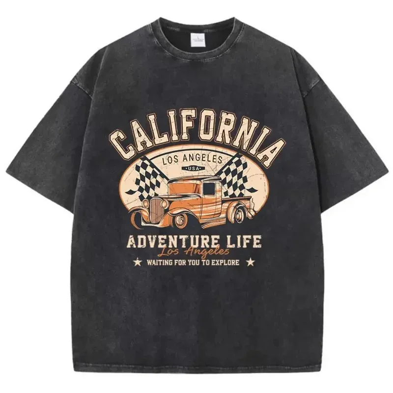 

2025 Man Cotton Washed T-Shirts California Los Angeles Letter Printed Short Sleeve Oversize Loose O-Neck Distressed Tops Clothes