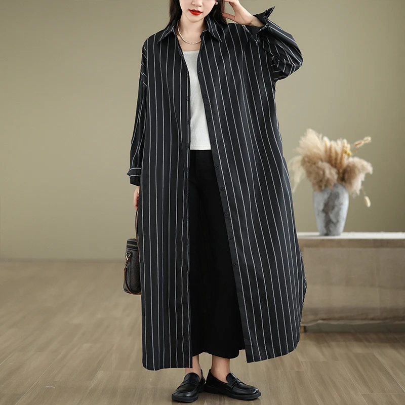 Loose Fit Cotton Linen irt Dr Artistic Casual Striped Mid-Length Korean Sle Women's Autumn Faion Commute Sle