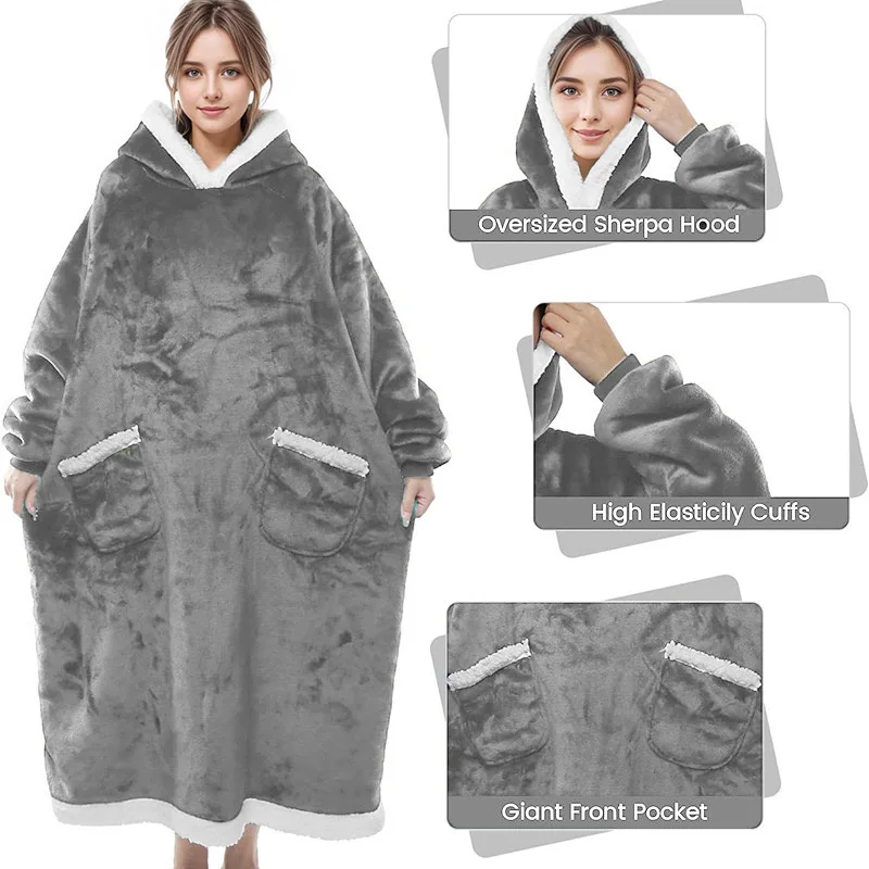 Wearable Hooded Blanket With Sleeves Winter Fluffy Sherpa Pullover Oversized Hoodies Sweatshirt Women Men 120/150cm