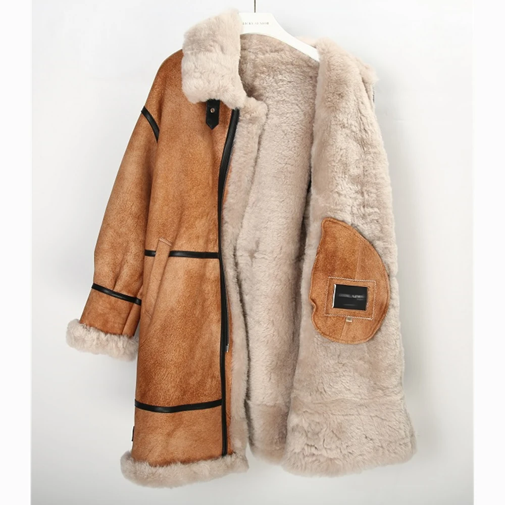 2023 Extra Long Bazaar Shearling Fur Clothing Women Casualy Camel Warm Winter Genuine Leather Sheepskin Shearling Overcoat