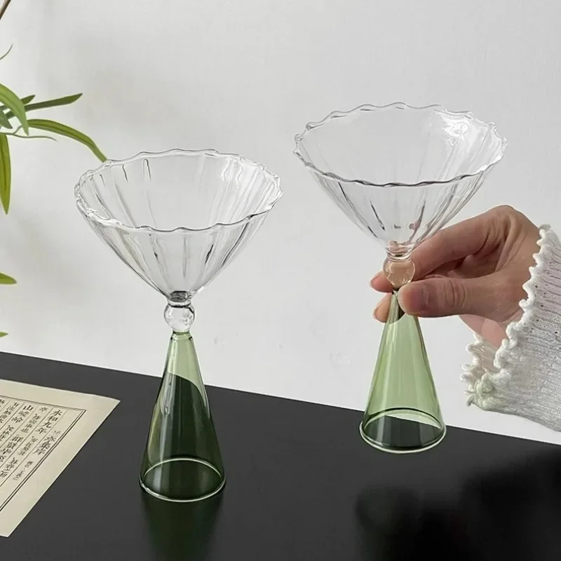 Striped Triangle Glass Cup, Shell Pattern Goblet, Creative Cocktail Glasses Cups, High-value Green Foot Beverage Dessert Cup