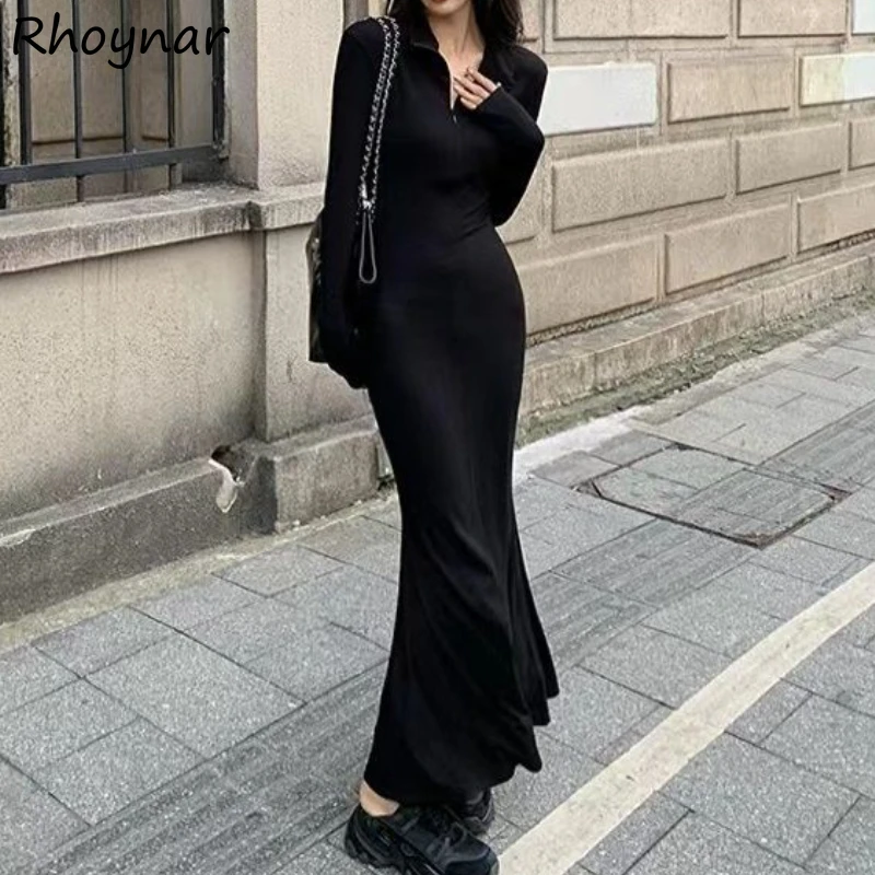 Vestidos con cuello en V para mujer, diseño sencillo y liso, manga larga, adelgazante, Ulzzang, primavera, informal, picante, atractivo, predominante, diario