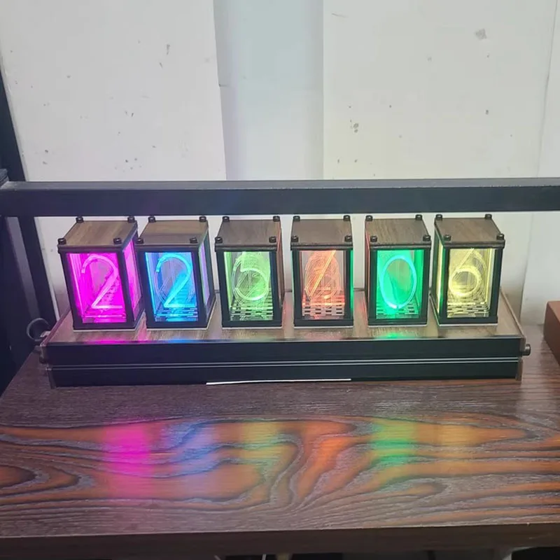Wood RGB Glow Tube Clock Vintage Led Digital Desk Glow Tube Clocks Creative Digital Table Discharge Clock Desk Watch Cyberpunk