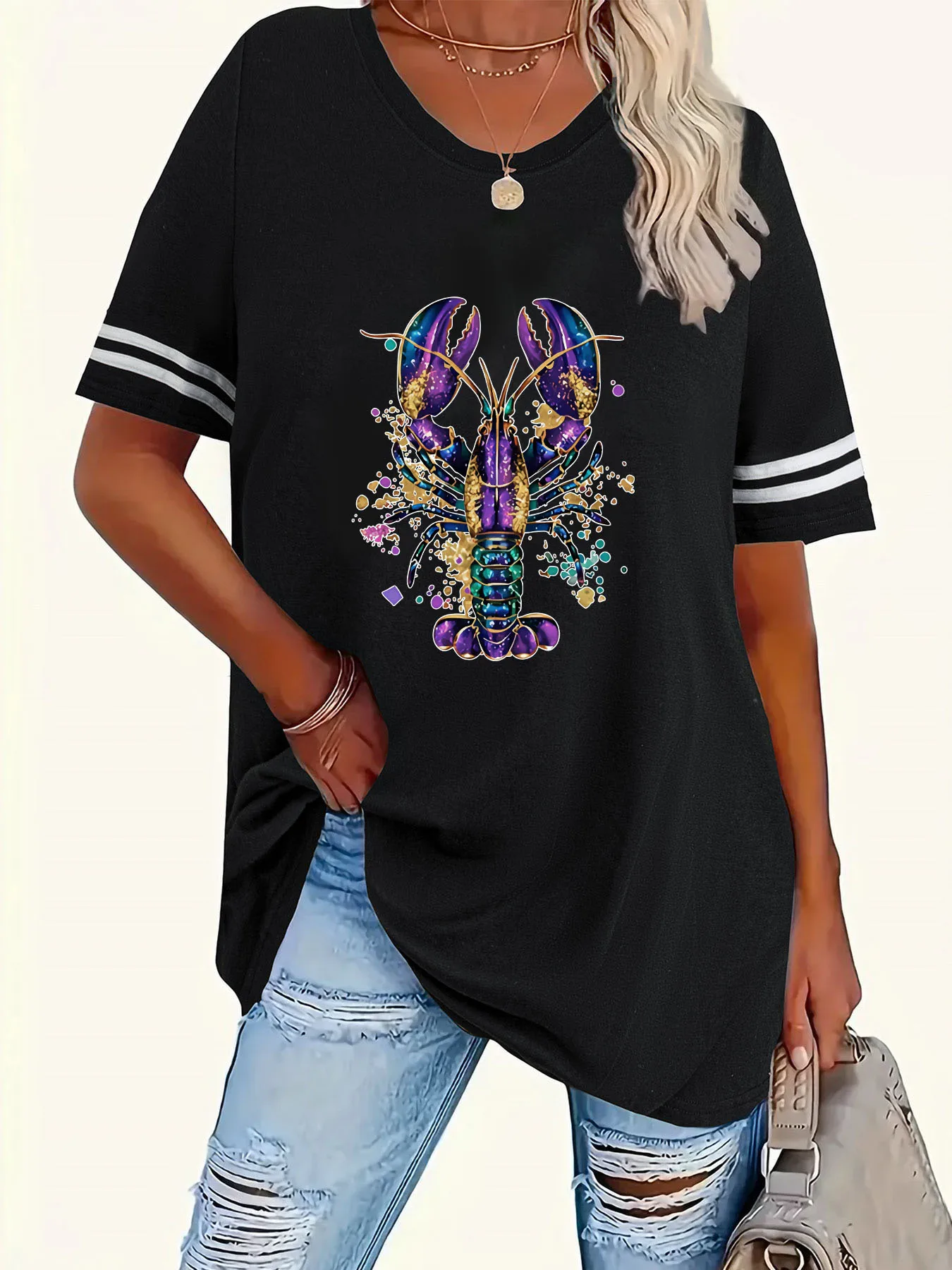 

plus Size Women's round Neck Short Sleeve Striped T-Shirt Printed 1-8XL Festival Celebration Casual Comfortable Fit Top