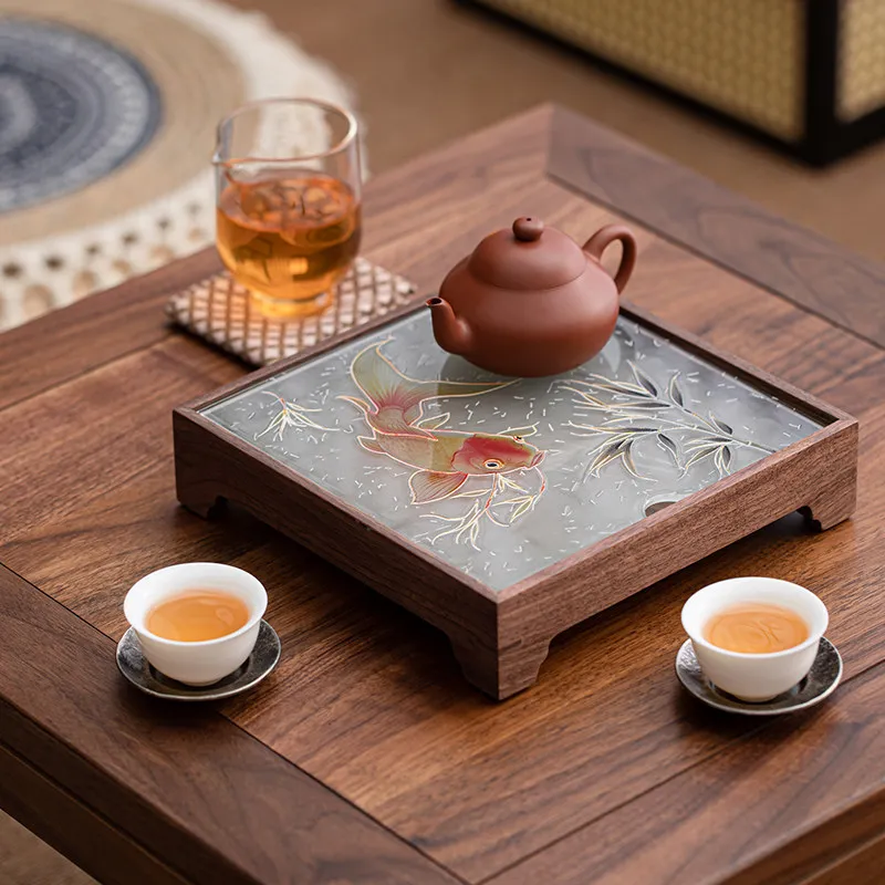 Retro wooden begonia flower tray household rectangular glass tea tray high value fruit snack decorative storage tray