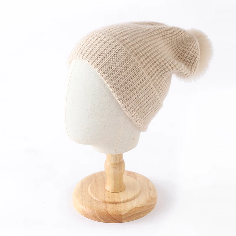 

100% Cashmere Hat Women Winter Luxury Knitted Warm Soft Pullover Cap Y2K Fashion Real Fur Ball Skullies Beanies Girl Steetwear