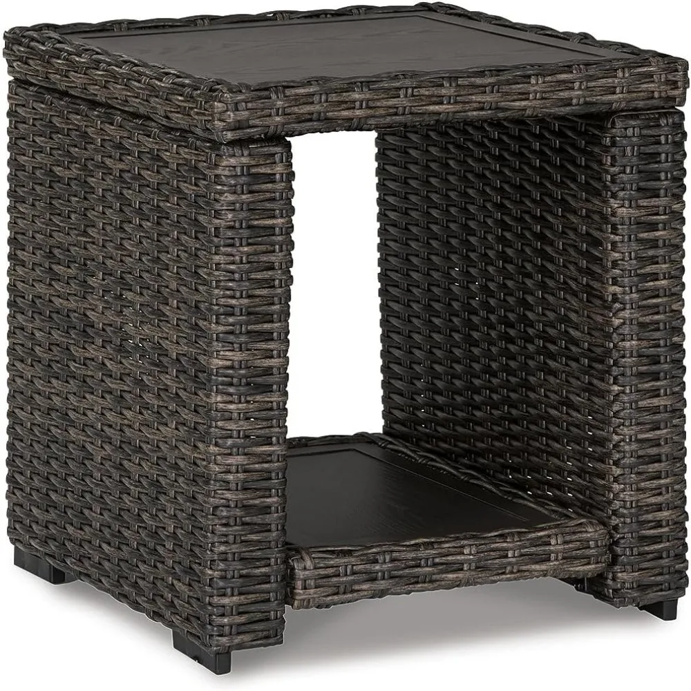 y Ashley Grasson Lane Outdoor Rattan Square End Table with Storage, Brown