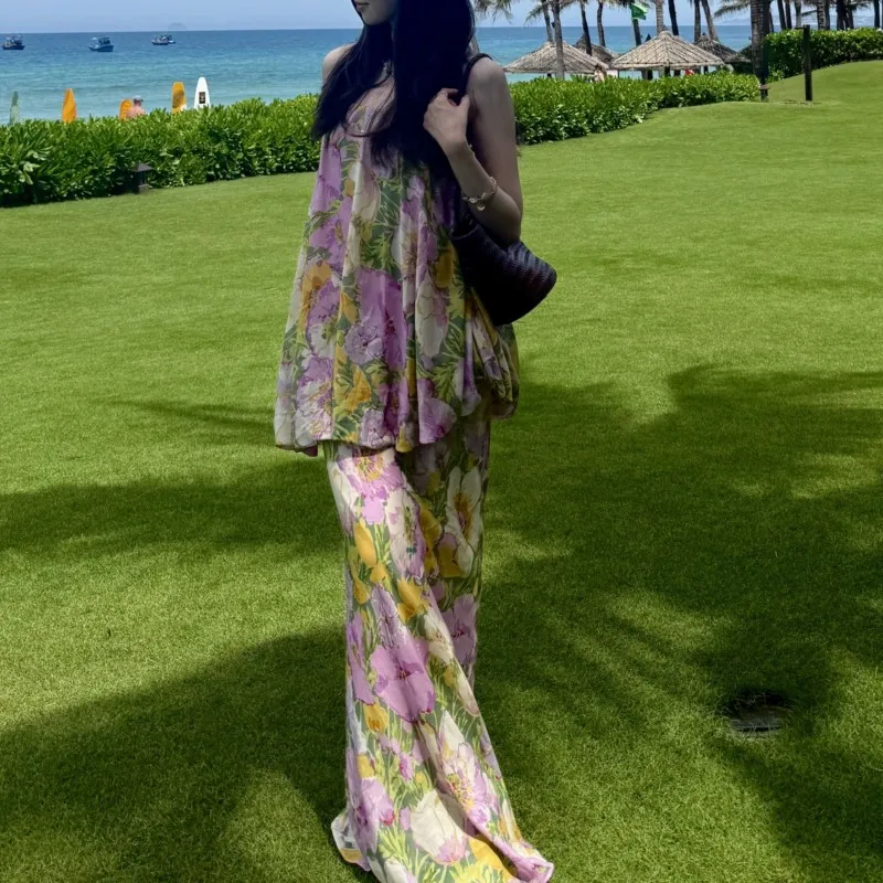 セクシーなオフショルダーフラワー プリントドレス レディース エレガント Aライン ボヘミアン ロングドレス シック レディー パーティー バケーション マキシ ベスティドス 2025