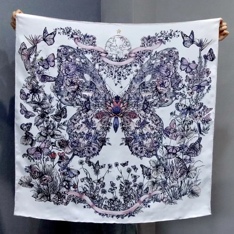 

High-end Elegant Women Magnificent Metamorphosis Butterfly Print Quality 14MM Twill Silk Hand-rolled Edge Square Scarf Shawl