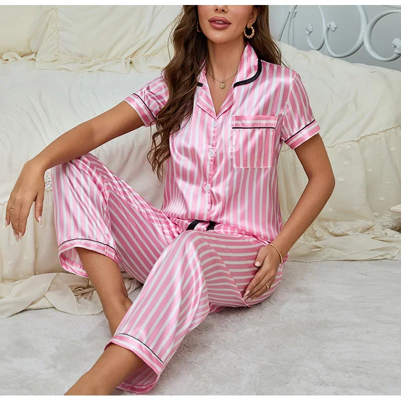 

Women's Satin Striped Print Embroidered Pocket Pajama Sets Short Sleeve Top With Pants Comfortable Sleepwear Loungewear Pajamas