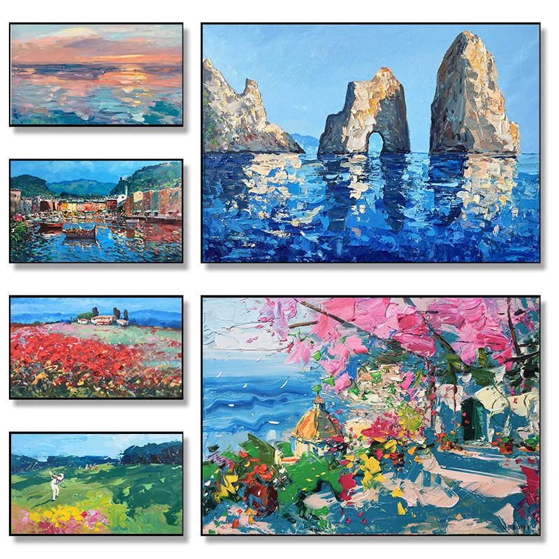 Paisaje puesta de sol océano mar playa Capri Italia Portofino rosas cartel Floral arte de pared imágenes lienzo pintura habitación decoración del hogar