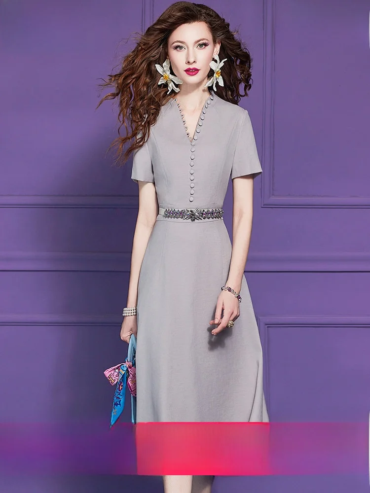 

Elegant Short Sleeve V-Neck Midi Dress Women's Summer Fashion High Waist A-Line Skirt Polyester Fiber Zipper Back Closure Sli...