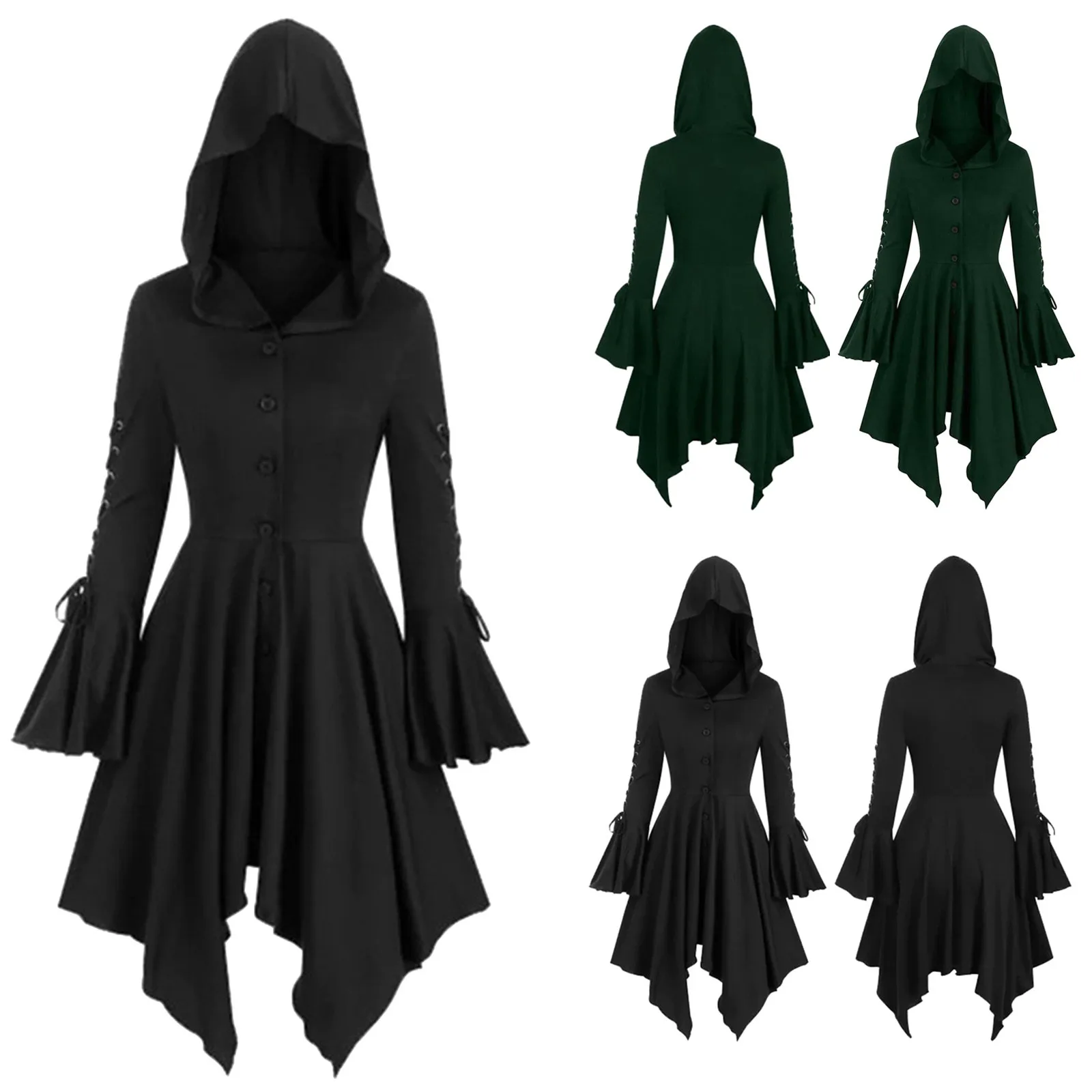 

Halloween Theme Cosplay Cape Coat Medieval Party Dress Adult Vintage Lace Up Hooded Cloak Robe Halloween Witch LongSleeve Dress