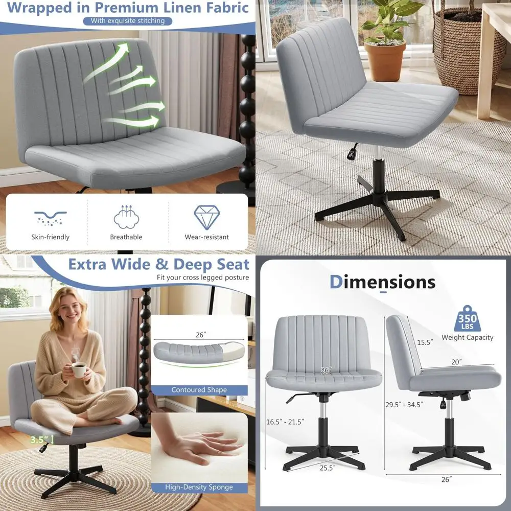 

Adjustable Fabric Swivel Ergonomic Desk Chair, Armless Cross-Legged Seat, Modern Wide Vanity Chair for Home Office, Gray