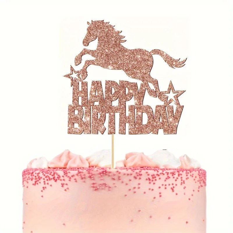 Roségoldenes Pferd „Happy Birthday“-Kuchenaufsatz – glitzernde roségoldene Pferdekoration für die Geburtstagsfeier, Reitsport-Thema – Detail 3