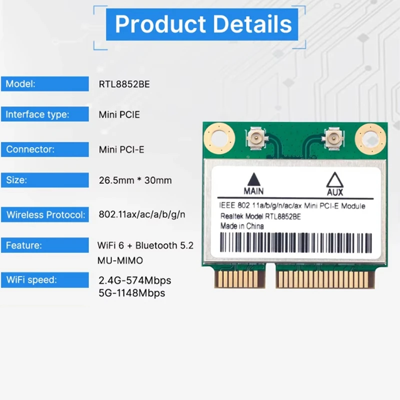 RTL8852BE WiFi 6 Network Card with 10DBI Antennas 1800Mbps Dual Band 2.4G/5GHz BT 5.2 MiniPCIe Interface for Win 10 11-A63M view 4