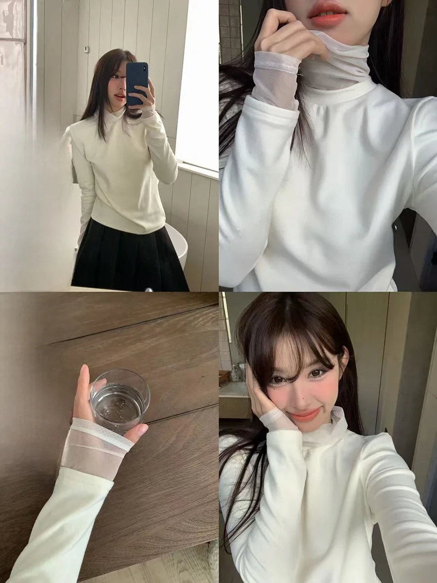 

Sinbounboun Korean Sle Long Sve Base irt Net Splice High Collar Single Wear Layered Wear T-irt Soft Breathable