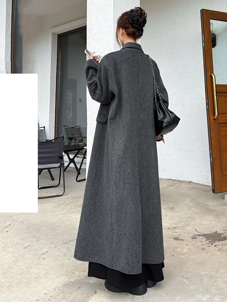 New Women Loose Daily Double-Faced Wool Coat Autumn Winter Fashion Turn-down Collar Double Breasted Casual Long Woolen Coat