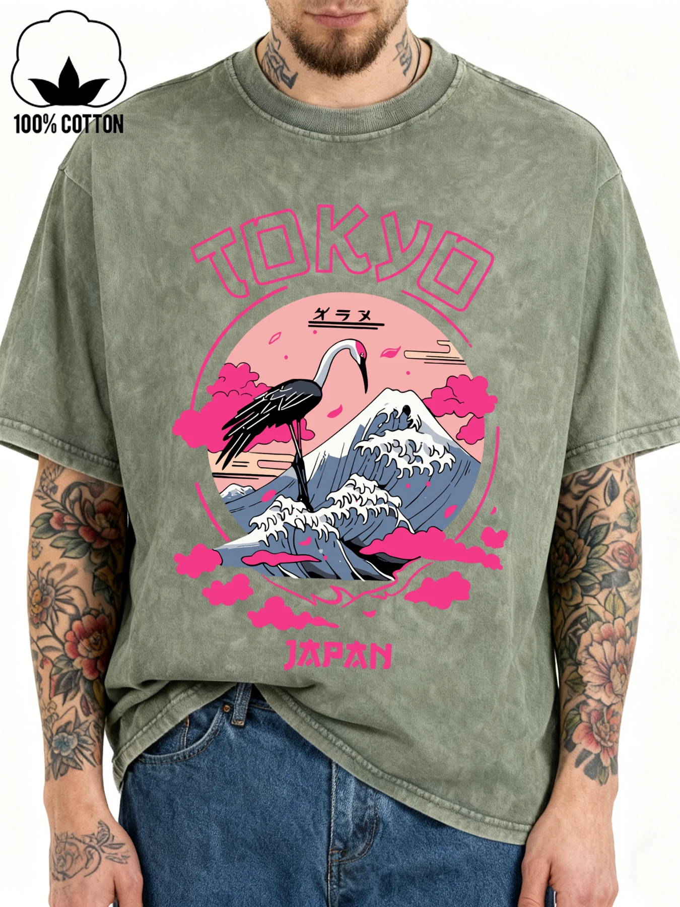 

Tokyo Japan Crane Waves Print Washed T-Shirt Men Summer Oversized Clothes Cotton Hip Hop Streetwear Comfortable O-Neck T Shirt