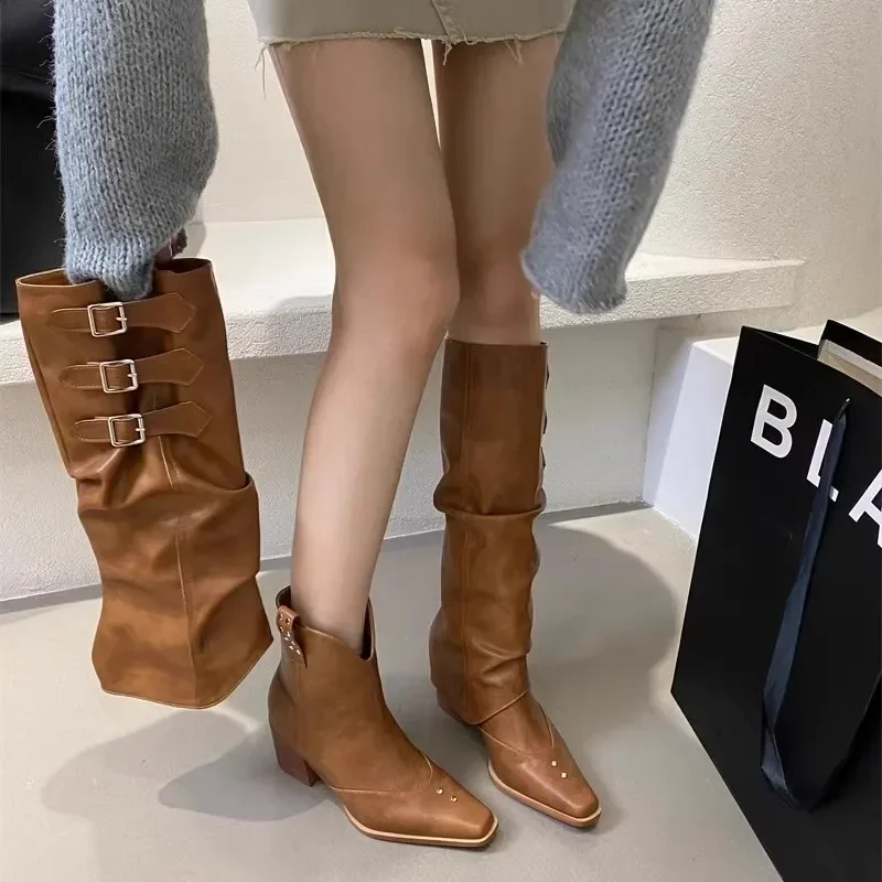 Women's Chunky Heel Pants Boots Western Cowboy Shoes Women's Autumn Retro Fashion High Waist Belt Buckle Pointed Toe Rider Boots