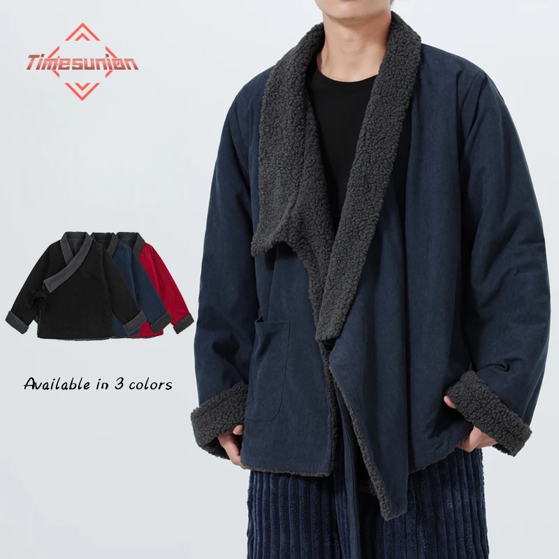 

Chinese Style Cotton Padded Jackets Men Thick Velvet Loose Parkas Male V-Neck Irregular Cardigans Man Warm Lace Up Overcoat