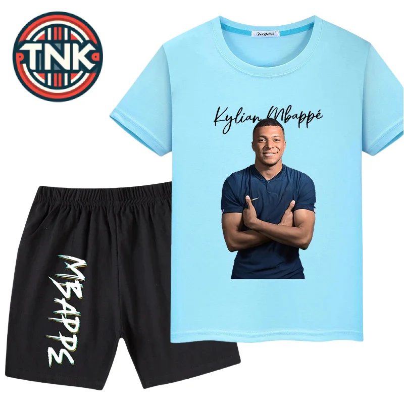 Mbappe Conjunto de camiseta deportiva con estampado de avatar para niños, pantalones cortos informales de manga corta, conjunto de 2 piezas, Verano