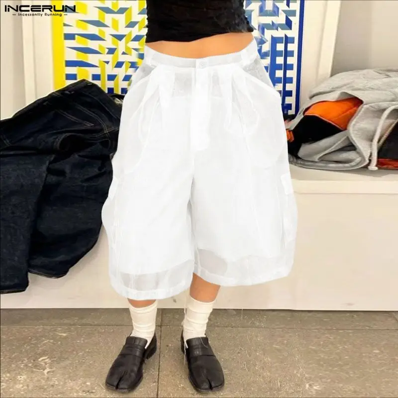 

INCERUN Men Shorts Mesh See Through Button Oversize Men Bottoms Streetwear Loose Summer Vacation Fashion Sexy Male Shorts S-5XL