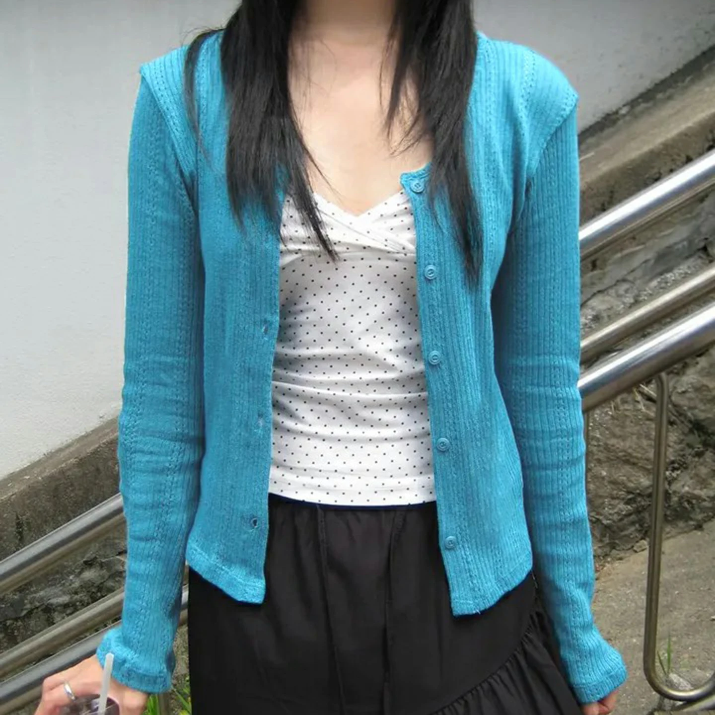 

Casual Solid Button Knitted Cardigans Basic Blue O-Neck Long Sleeve Sweaters Women 2025 Autumn Winter Fashion Streetwear Ladies