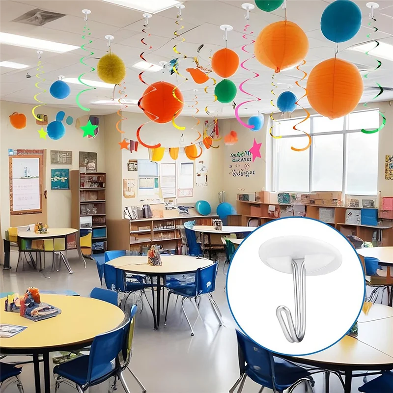 

AT21-White Sticky Ceiling Hooks, 50 Pack, No Drill Small Plastic Hooks For Classroom Decorations