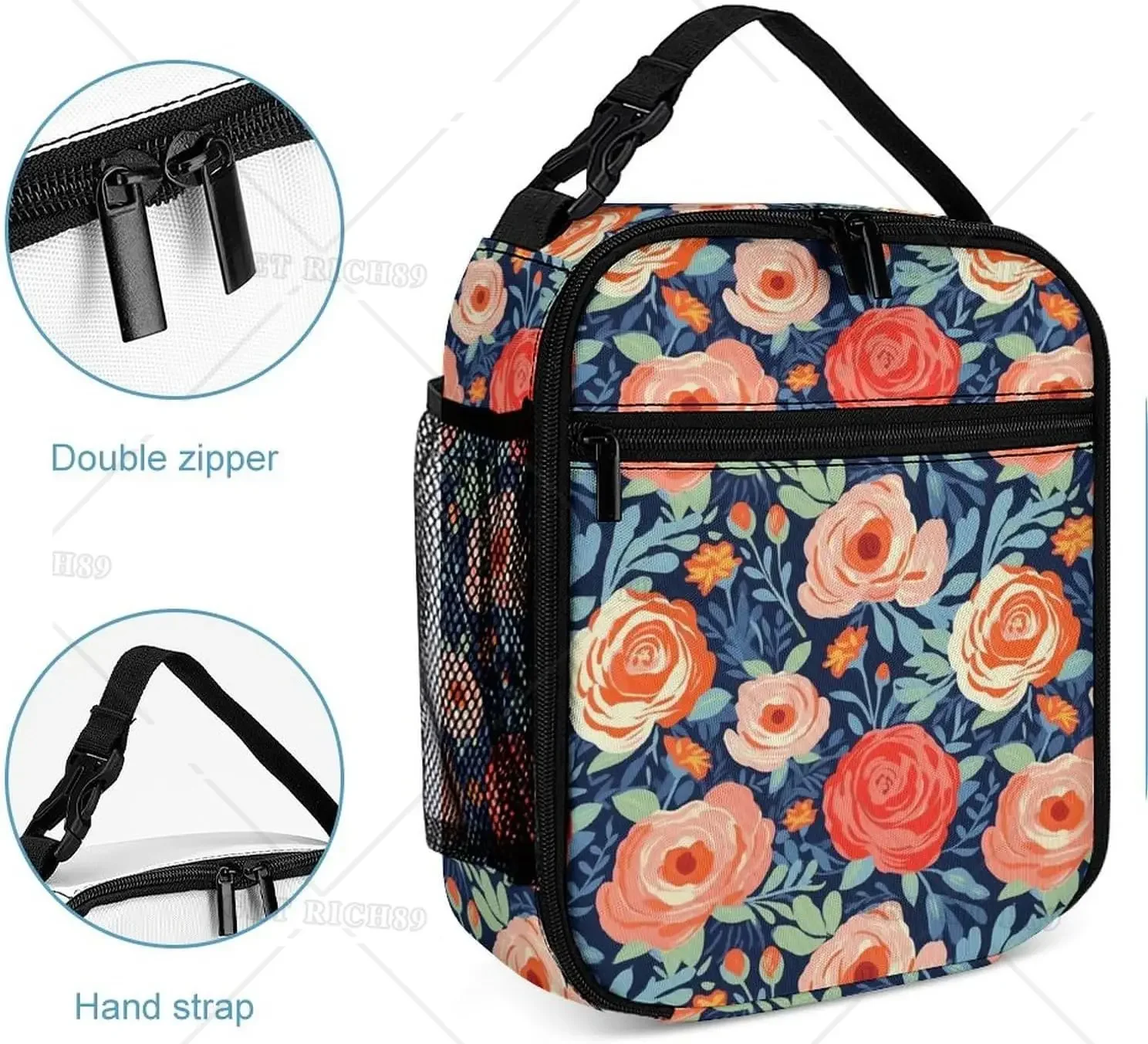 Rose Floral Lunch Bags Aesthetic Insulated Leakproof Portable with Zipper Simple Modern Flower Lunch Box Tote for Woman Work