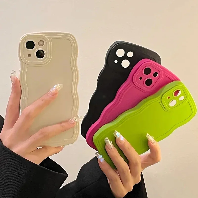 Fashion Solid Color Curly Wavy Phone Case For iPhone 15 14 13 12 11 Pro Max 14 Plus XS Max X XR 7 8 Plus Shockproof Bumper Cover