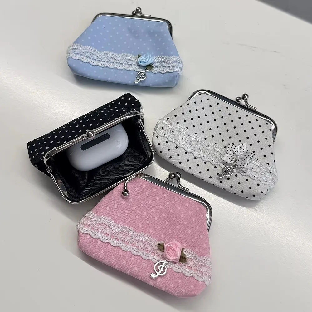 Vintage Handmade Lace Coin Purse Rose Pattern Wave Dot Design Small Wallet Y2k Style Vintage Craft Earphone Bag For Ladies Gift