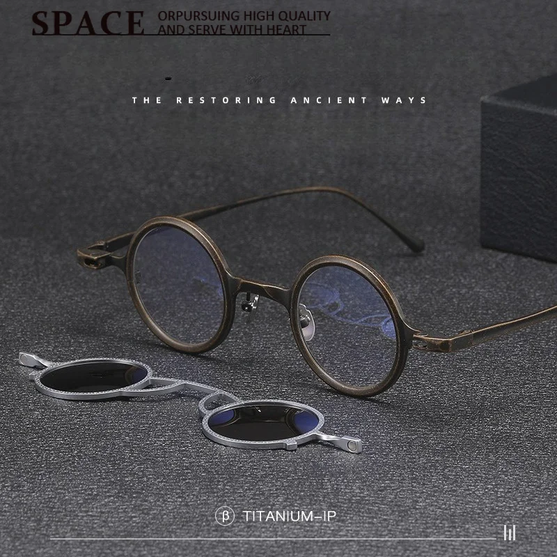 Luxury Magnetic Clip‑on Pure Titanium Round Sunglasses Vintage Unisex Punk Stylish UV400 Anti‑UV Protection Sun Glasses