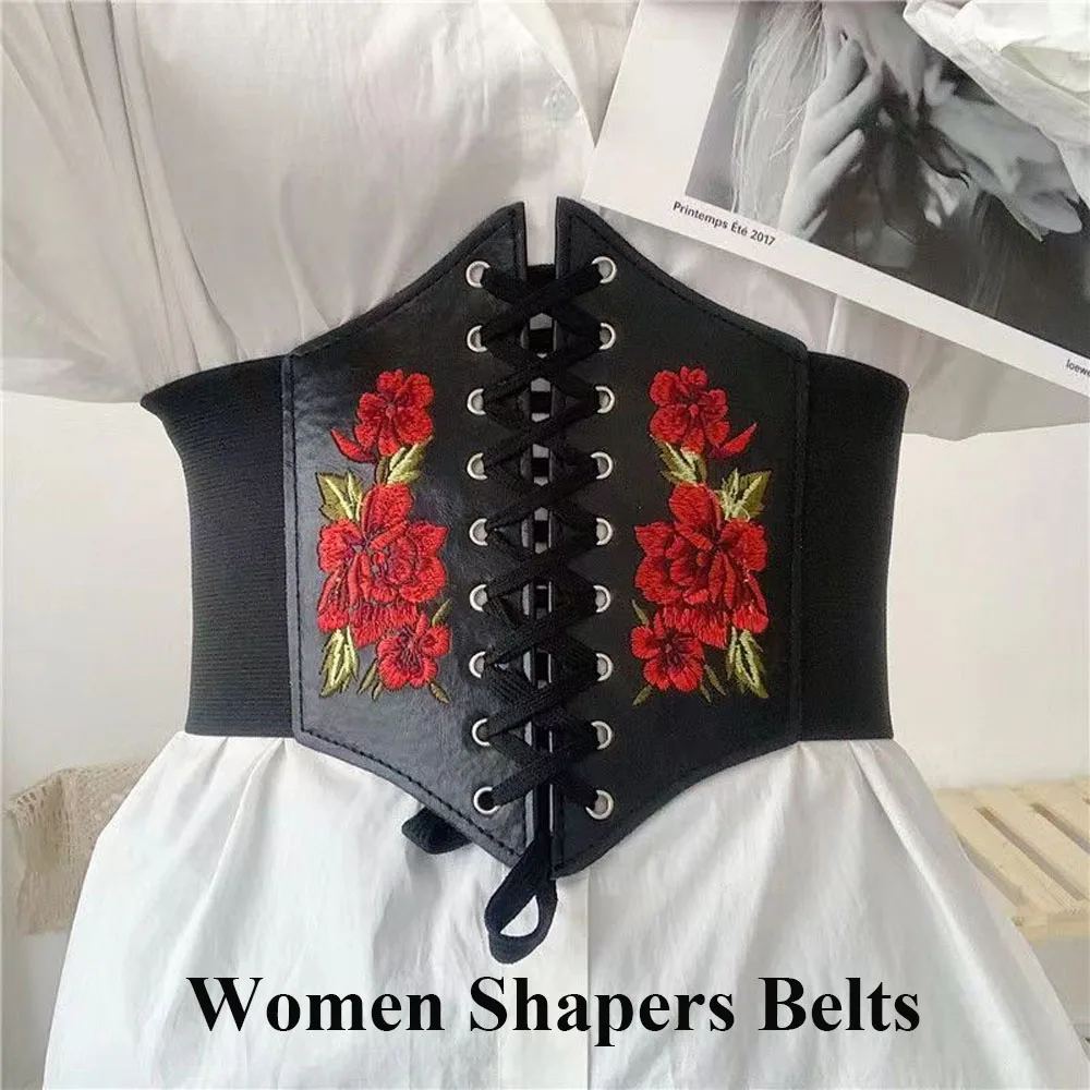 

Women Sexy Corsets Wide Belts Rose Embroidered Solid Color PU Leather Slimming Body Fashion Elastic Waistband for Dress Coat