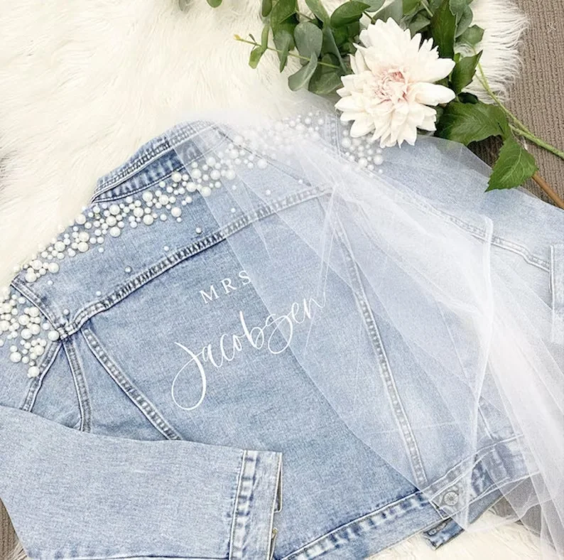 Printing Pearl Custom Name Denim Jacket Wedding Pearl Beads Personalized Gift for Wife, Bridal Shower Valentine's Day Couple