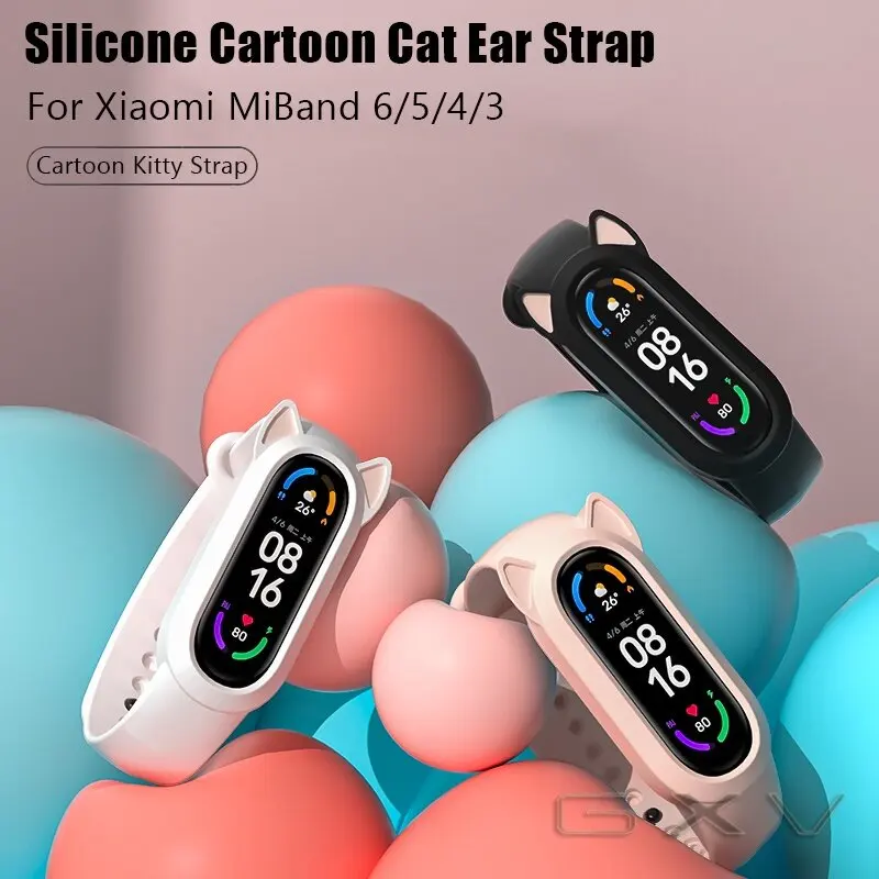 For Xiaomi Mi Band 6 5 4 3 Strap Cat Earmuffs Case Cartoon Silicone Strap for Mi Band 5 4 Cute Ears Bracelet Replacement Belt