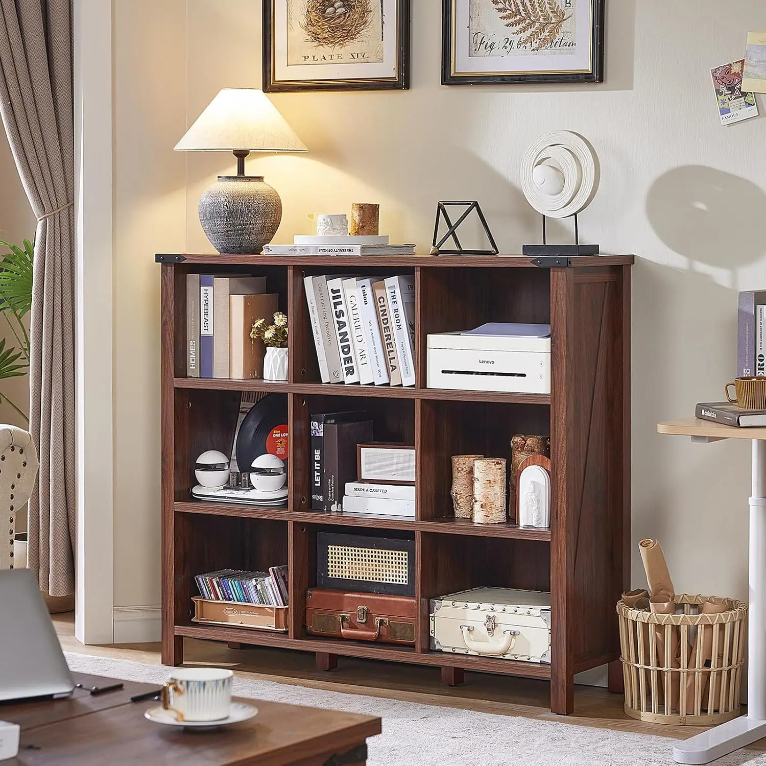 Farmhouse 9 Cube Bookshelf 47 Inch Wide Walnut Wooden 3 Tier Open Display Storage Cabinet Home Office Living Room, Customized