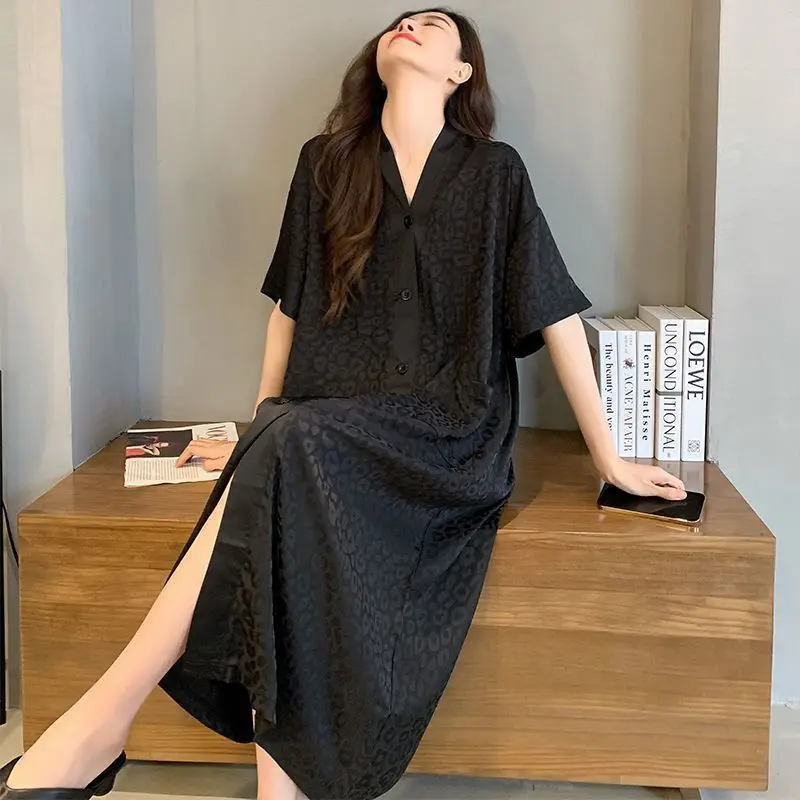 150Kg Extra Large Size Loose Pajama Ice Silk Jacquard Cardigan Maxi Dress Plus SIze Summer Short Sleeves Loungewear Home Clothes