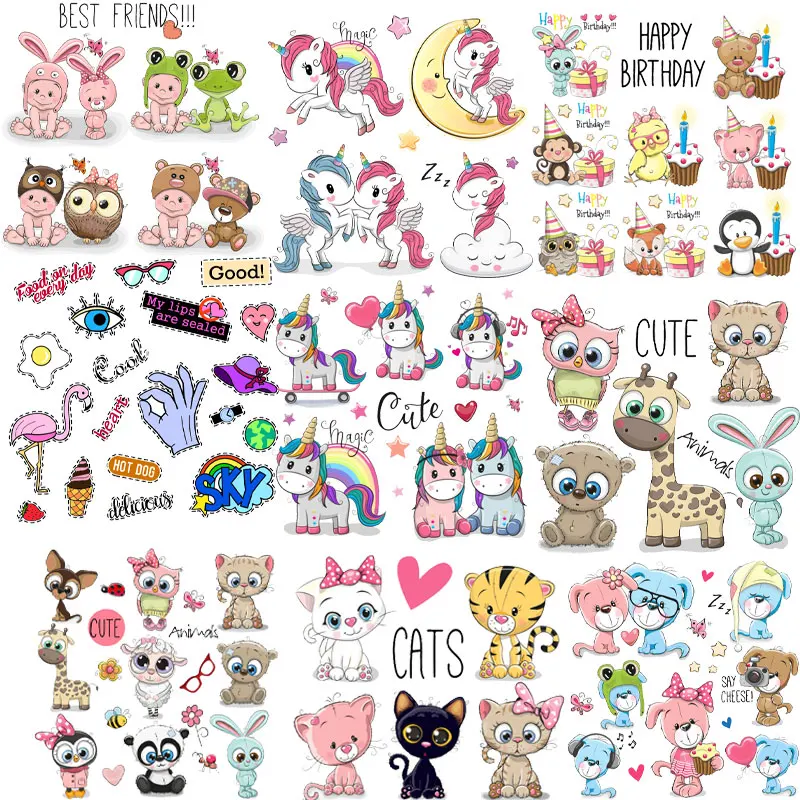 Cute Cartoon Animal Patches Heat Transfer Iron on Patch for T-Shirt Unicorn Children Gift DIY Clothes Stickers Heat Transfer