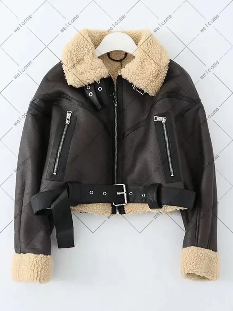 Winter Women Short Jacket with Belt Moto Biker Thick Warm Sheepskin Coat Outwear Streetwear Faux Lamb Leather Fur