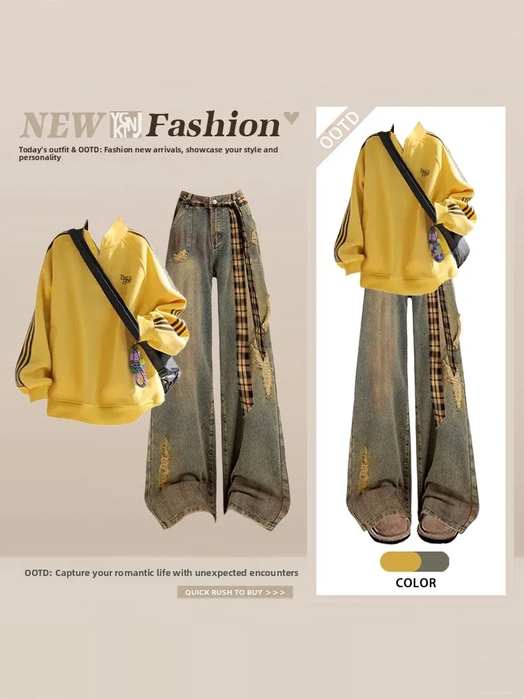 Ensemble sweat-shirt et jean ample décontracté pour femme, pantalon en Denim déchiré avec trous, tenue deux pièces américaine, taille confortable, hiver